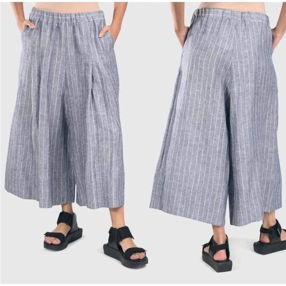 Alembika Linea Palazzo Cropped Striped Wide Leg Pants Blue Size 3 US 10-12 NWT